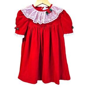Vintage Toddler Christmas Dress Red Lace Collar Roses Size 4T Holiday Party